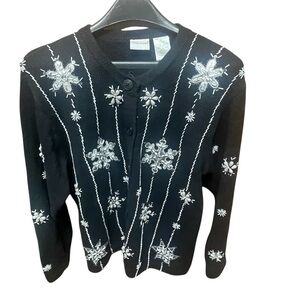 Bobbie Brooks Black Knit Cardigan Sweater White Snowflake Beading Holiday Winter